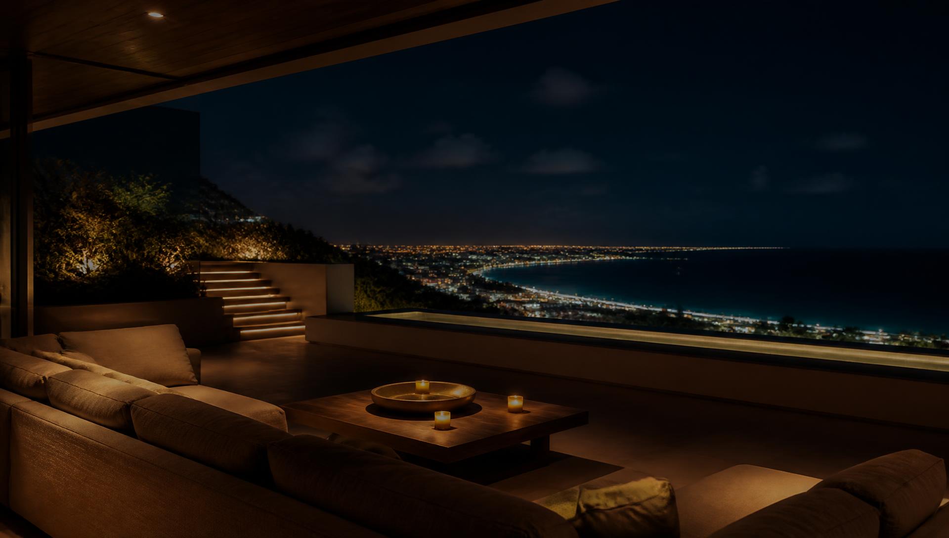 Terraço com vista para a cidade à noite